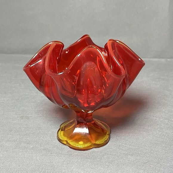 Vtg 70s L E Smith Amberina Glass Footed Pedestal Bowl Handkerchief 6 Finger Vase - Picture 5 of 10